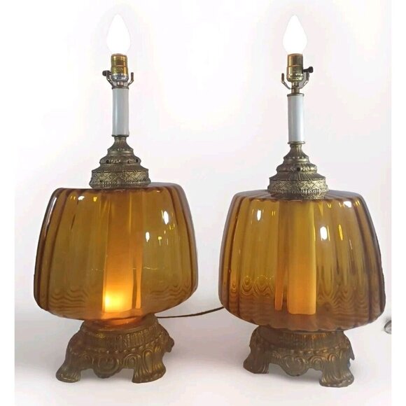 MUST BUY BOTH Vintage Mid Century Hollywood Regency Amber Glass Globe Table Lamp - Picture 4 of 16